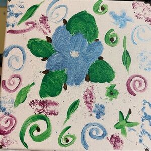 Handmade Floral Canvas Art with Blue and Green Accents